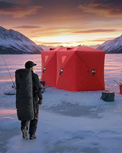 Vista 9 de Tienda de campaña de pesca en hielo desplegable para 6-8 personas con configuración desplegable de 60 segundos, aislamiento superior de triple capa