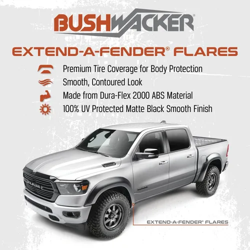 Vista 3 de Bushwacker Extend-A-Fender Guardabarros delanteros y traseros extendidos Juego de 4 piezas, negro, acabado liso 40938-02 Compatible