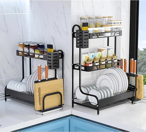 Vista 4 de Escurridor de platos que ahorra espacio de 2 niveles para encimera de cocina, bandeja escurridor de platos de acero inoxidable con soporte