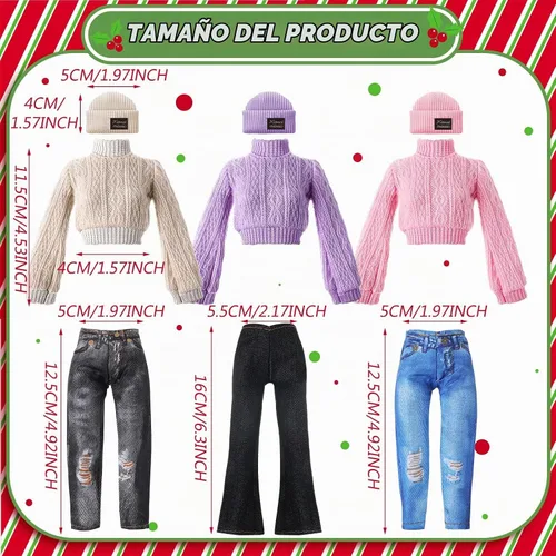 Vista 3 de Fourluoo 6 piezas de ropa de muñeca de invierno de 11.8 pulgadas, conjunto de accesorios de muñeca de moda, suéteres, pantalones de mezclilla, ropa