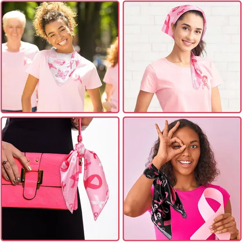 Vista 5 de Percozzi Bufandas cuadradas de cinta rosa para concientización del cáncer de mama, bufandas sedosas, 3 pañuelos de seda con patrón de cinta