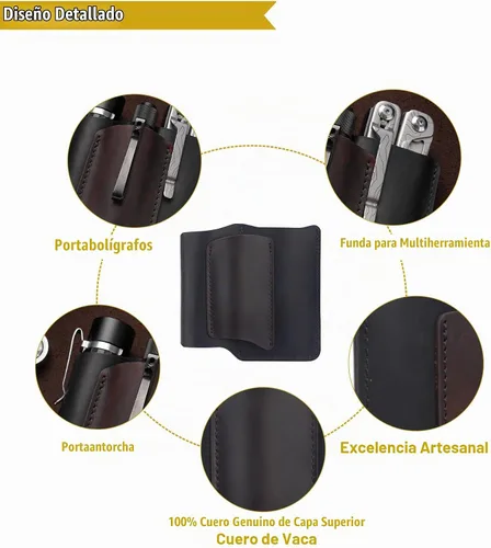 Vista 4 de VIPERAED PJ38 Funda multiherramienta de cuero para hombres, 4 en 1, organizador de bolsillo EDC para cuchillo de bolsillo, linterna multiherramienta