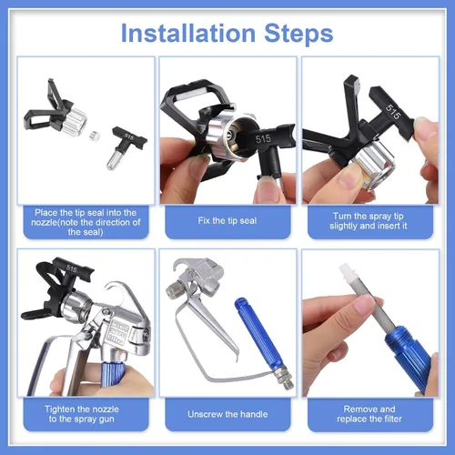 Vista 5 de Pistola pulverizadora de pintura sin aire, kit de 14 piezas con 6 puntas de pulverización reversibles, 6 filtros y asiento de boquilla para máquina