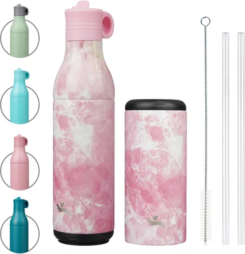 Vista 25 de Konokyo Botella de agua de acero inoxidable de 13 onzas con pajilla, aislada, botella de viaje de metal reutilizable con parte inferior extraíble