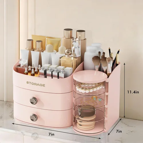Vista 4 de XIAPIA Organizador de maquillaje para encimera, organizador de maquillaje para tocador, cuidado de la piel y organizadores de cosméticos con Rosa