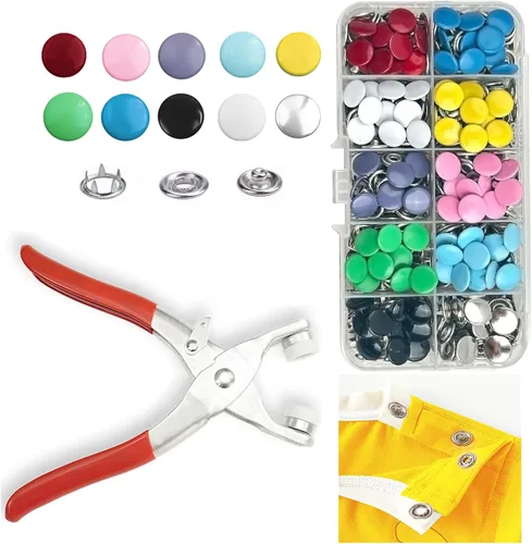 Vista 9 de GTAAOY 100 juegos de botones de presión de metal de 0.374 in perfectos para ropa, sombreros y costura, 5 colores de broches huecos con alicates
