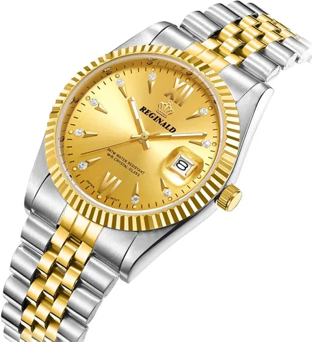 Vista 7 de PASOY Reloj de moda para hombre, tamaño unisex, acero inoxidable, fecha, dorado, bisel, plateado, reloj de pulsera de 1.417in, Moda