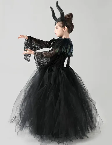 Vista 2 de L'VOW Vestido de princesa con encaje y tutú de tul para Halloween con cuernos de maléfica, capa de plumas