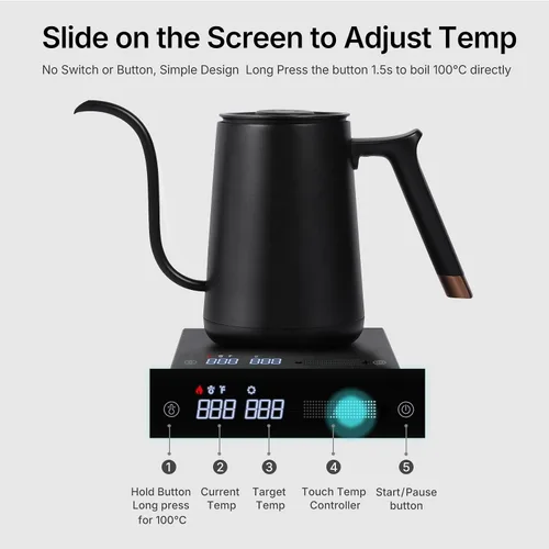 Vista 2 de TIMEMORE Fish Smart Hervidor Eléctrico de Café 600ML, Hervidor de Pico Curvo para Café y Té con Control de Temperatura Variable, Edición Hogar Negro
