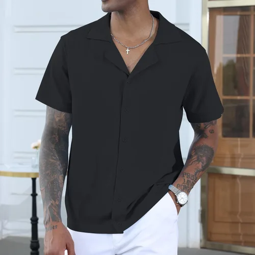 Vista 2 de Camisas polo de guayabera cubana para hombre, estilo casual, manga corta, ligeras, de punto, camisetas de golf de color sólido