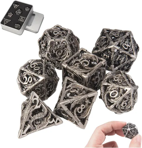 Vista 9 de Dados DND, dados de metal huecos D&D, juego de dados de mazmorras y dragones con caja de regalo, 7 piezas de juegos de dados poliédricos steampunk