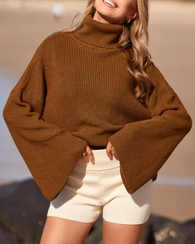 Vista 2 de BTFBM Suéteres de cuello alto para mujer, 2023, otoño, invierno, acampanados, de manga larga, holgados, de punto acanalado, de gran