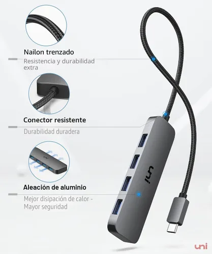 Vista 6 de uni Adaptador multipuerto USB C a USB Hub, divisor USB C de aluminio de 4 puertos para laptop, Hub USB de datos Thunderbolt 3/4 delgado compatible