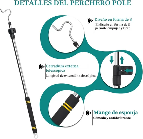 Vista 3 de Gancho Telescópico para Colgar Ropa con Ajuste Telescópico, Poste Ligero para Ropa que se Extiende de 37" a 65" con Gancho de 4.7" y Mango