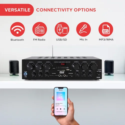 Vista 5 de Pyle Sistema de amplificador de audio para el hogar inalámbrico Bluetooth - Receptor estéreo de potencia de sonido de 6 canales actualizado de 750