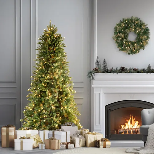 Vista 3 de Árbol de Navidad, abeto de aspecto real, con bisagras, con 1200 luces claras, de National Tree 500 luces transparentes, 1,462 puntas, incluye
