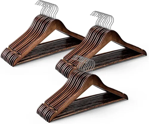 Vista 10 de HOUSE DAY Paquete de 10 perchas de madera resistentes para armario, colgador de madera con acabado liso con barra antideslizante para pantalones
