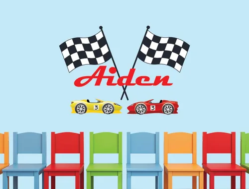 Vista 3 de Calcomanía de pared personalizada con nombre de carreras para dormitorio de niños, banderas y autos personalizados F1 Race Playroom, calcomanías