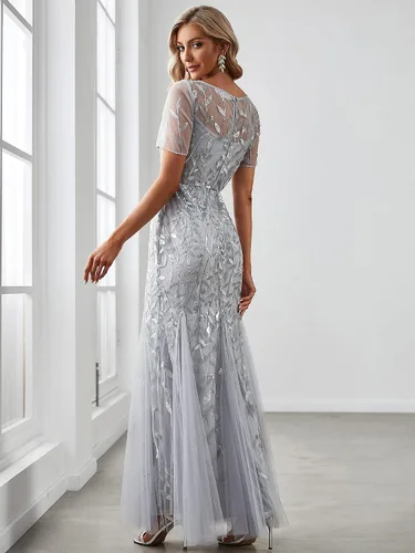 Vista 2 de Ever-Pretty - Vestido de noche elegante de sirena con bordado de lentejuelas, manga corta, escote ilusión para mujer, 07707-USA