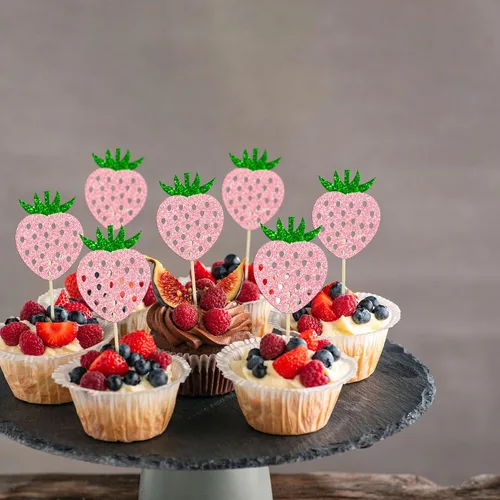 Vista 6 de Paquete de 24 adornos para cupcakes de fresa con purpurina para cumpleaños, fresa, cupcakes, frutas, baby shower, niños, cumpleaños, verano, bayas