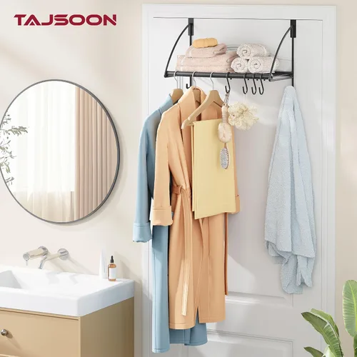Vista 6 de Tajsoon Percha para colgar sobre la puerta con estante de almacenamiento y 6 ganchos, perchero para colgar abrigos, perchero de puerta para baño