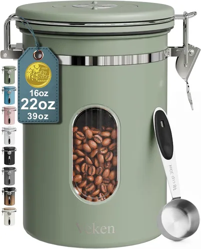 Vista 12 de Veken Recipiente de café con ventana, recipiente hermético de almacenamiento de alimentos de cocina de acero inoxidable con tapas, rastreador