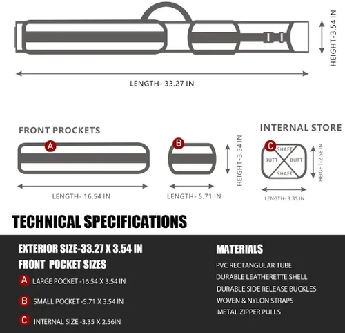 Vista 7 de Collapsar Estuche rígido para taco de piscina 2X2 Nylon/Polipiel Billar Sitck Fit 2-Piece Cue Up to 58" Nylon/Leatherette with Two Pockets
