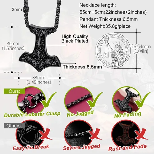 Vista 4 de FaithHeart Collar con colgante de runas vikingas nórdicas, martillo de Thor, brújula nórdica, Odín, cuervo, para hombres y mujeres, con embalaje