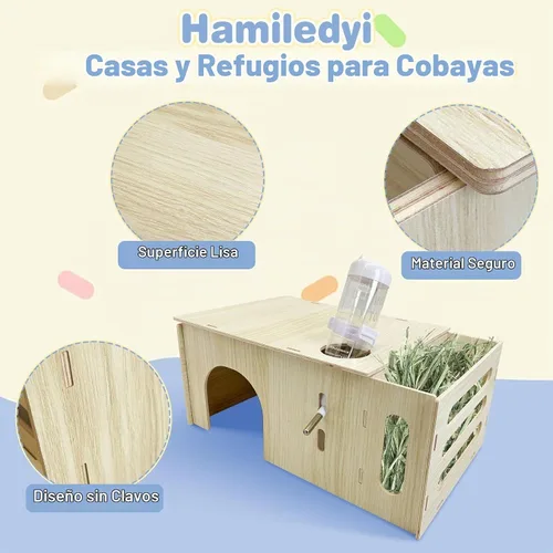 Vista 3 de Hamiledyi Escondite de conejillo de indias con alimentador de heno y botella de agua, casa de chinchilla de madera natural, castillo de conejo