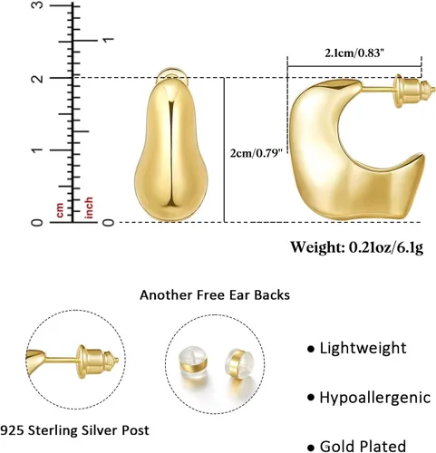 Vista 5 de KissYan Chunky Gold Hoop Earrings for Women, 14K Gold Plated Lightweight Hollow Open Hoops Thick Teardrop Earrings Sterling Silver Post Fashion