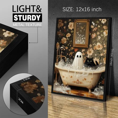 Vista 8 de Póster de fantasma y gato negro en la bañera, arte de pared en lienzo de Halloween de Whimsigoth, pintura de fantasmas y flores, imagen espeluznante