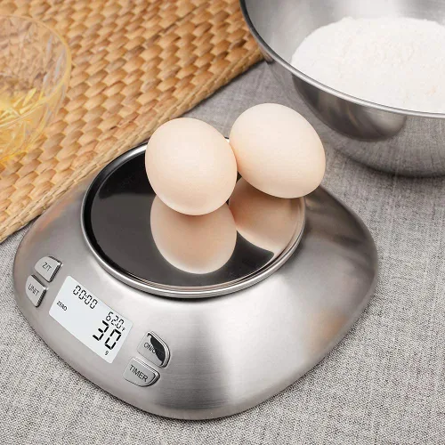 Vista 6 de Báscula digital de cocina con cuenco extraíble de 2.5 L, báscula electrónica de alimentos de acero inoxidable para cocinar hornear, temperatura
