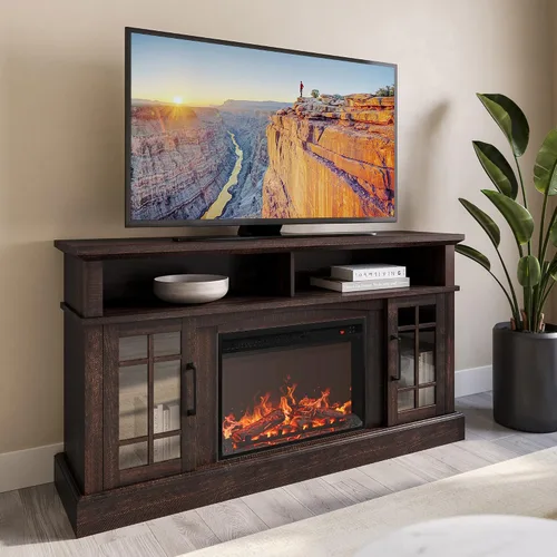 Vista 9 de BELLEZE Mueble TV, 48 pulgadas, con chimenea eléctrica funcional de 18 pulgadas, moderno, para TV de máx. 50 pulgadas, estantes abiertos y armarios