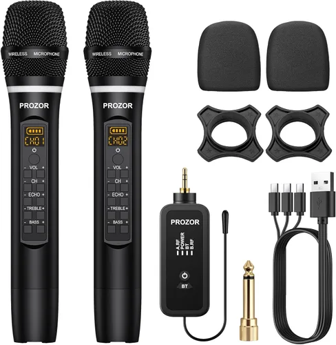Vista 10 de PROZOR Micrófono Inalámbrico UHF con Control de Volumen, Agudos, Graves y Eco, Micrófono Inalámbrico Recargable Dual de Mano Sistema de Micrófono