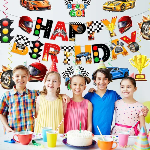 Vista 2 de KORHONEN Decoraciones de fiesta de cumpleaños con temática de auto de carreras para niños y adultos, incluye pancarta de feliz cumpleaños