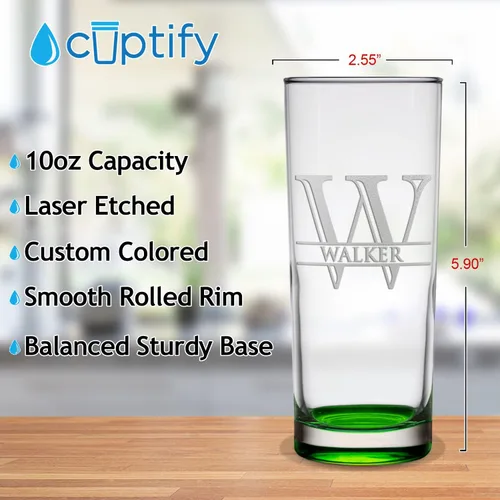 Vista 2 de Vasos de beber personalizados con bloque inicial de 10 onzas, parte inferior verde grabada con texto personalizado, regalo de cumpleaños