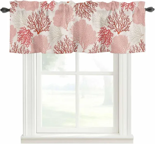 Vista 22 de Cenefa de amarre para ventanas, cortinas náuticas costeras de coral, cenefas con bolsillo para barra, cortinas de ventana con temática de playa
