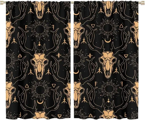 Vista 51 de BAEKJIN Cortinas de cabeza de cabra, diseño de calavera malvada, bruja, símbolo misterioso, bolsillo para barra, cortinas opacas para ventana, juego