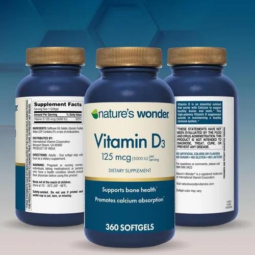 Vista 8 de Nature's Wonder Vitamina D3 5000iu (125mcg) de alta potencia, suplemento dietético para apoyar la salud ósea y el sistema inmunológico, sin gluten