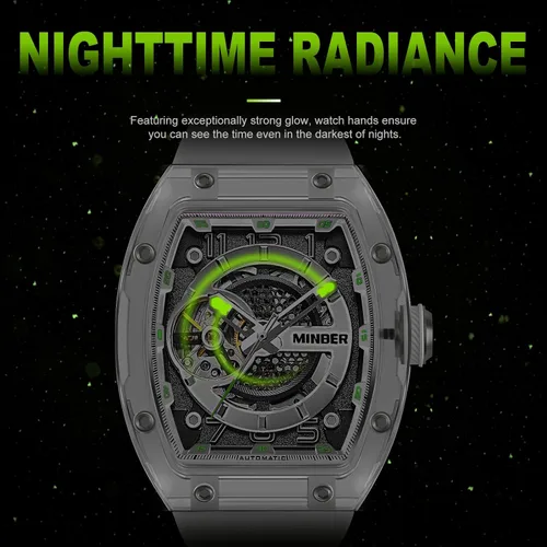 Vista 5 de MINBER Skeleton Automatic Watch, 43mm Dial with Luminous Hands, Self Winding Watch, 3 ATM Waterproof, TR90 Plastic, Business Casual Sporty Design