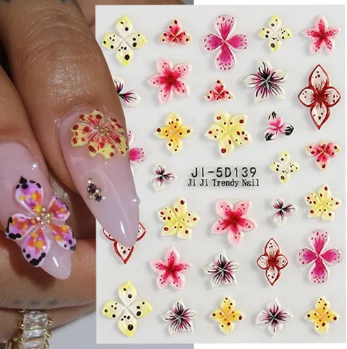 Vista 5 de 4 hojas de calcomanías de flores para arte de uñas, calcomanías de hibisco en relieve 5D, rosa, blanco, lirio, hibisco, flores tropicales, verano