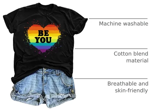 Vista 4 de Camisa de arcoíris para mujer, camiseta de orgullo con estampado de arco iris, camisetas casuales de manga corta Beyou-negro