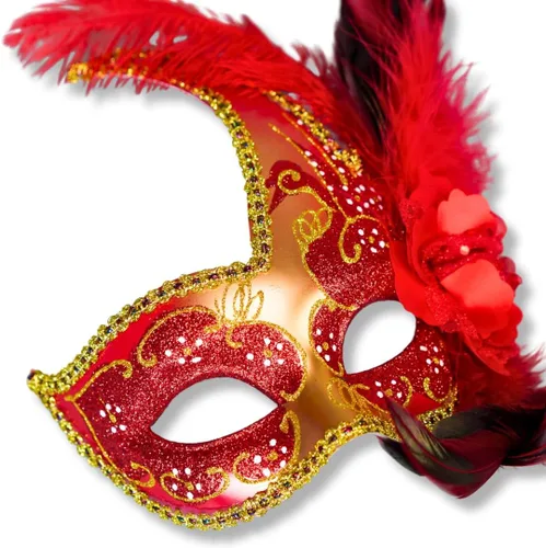 Vista 15 de Máscara de plumas burlesque, máscara de encaje de Mardi Gras para mujer, disfraz de plumas de pavo real, máscara de brocado veneciano