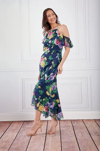 Vista 6 de London Times Vestido largo con hombros descubiertos y cuello halter para mujer, con volantes femeninos, ocasión para invitada de fiesta en el jardín