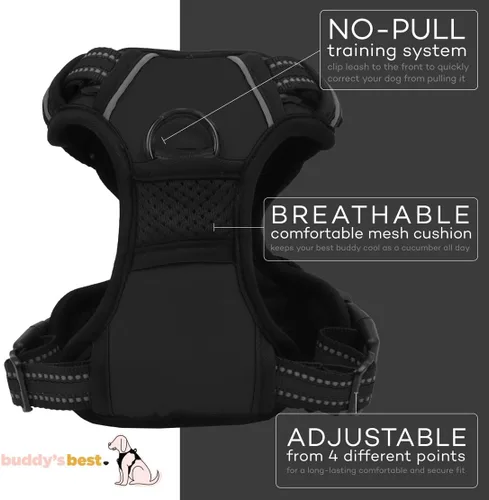 Vista 3 de Buddy's Best Arnés para perro, arnés sin tirones para mascotas, con 2 clips para correa, arnés ajustable suave acolchado reflectante de seguridad