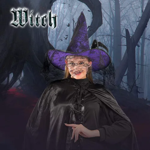 Vista 2 de ReneeCho Sombrero de bruja para mujer, accesorios de disfraz de Halloween, color morado, disfraz de mascarada para adultos