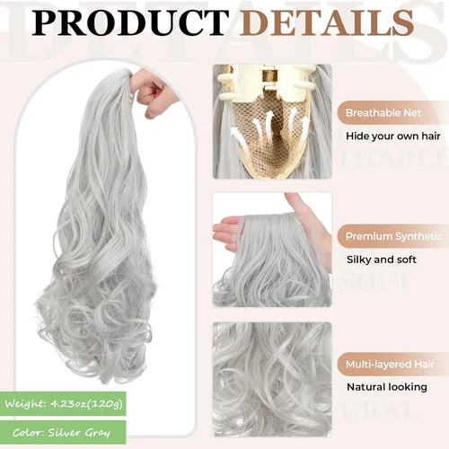 Vista 4 de Extensión de cola de caballo con pinza de 18" larga, rizada y ondulada, con clip, extensión de pelo sintético de aspecto natural para mujer, Gris