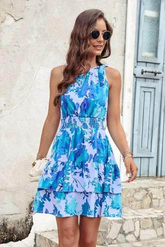 Vista 3 de PRETTYGARDEN Vestido de verano para mujer, con un hombro al descubierto y lazo en el otro, bohemio, floral, cintura elástica, volantes escalonados
