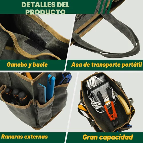 Vista 3 de Bolsa de herramientas de lona encerada resistente de 16 onzas, bolsa de herramientas de jardín Bolsa portátil de almacenamiento de herramientas