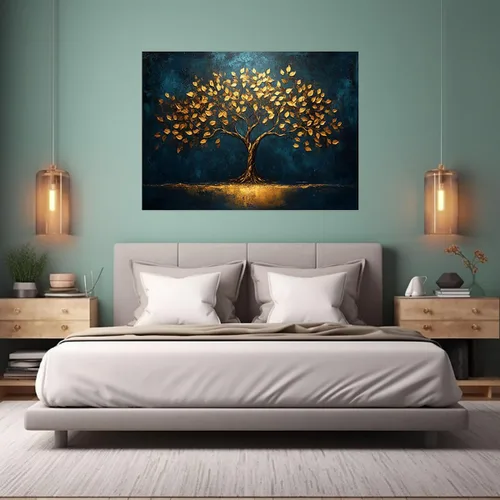 Vista 2 de VOCBAN Tree of Life Wall Art The Picture Artwork Canvas Prints Tree Pictures Poster Retro Artwork for Bedroom Living Room Home Decoration(blue,gold